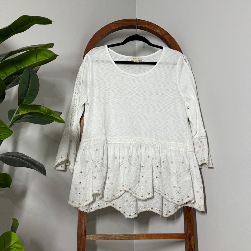 Style & Co XL White Embroidered Bell Sleeve Boho Slub Knit Blouse